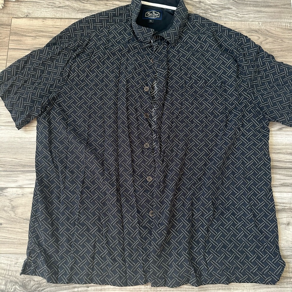 Nat Nast Men's Luxury Silk Blend Pattern Button Up Short Sleeve Shirt Blue XL